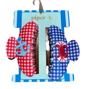 Piper K Crab and Anchor Picnic Plaid Red Blue Hair Clips Claw Clip Set Of 2 NEW